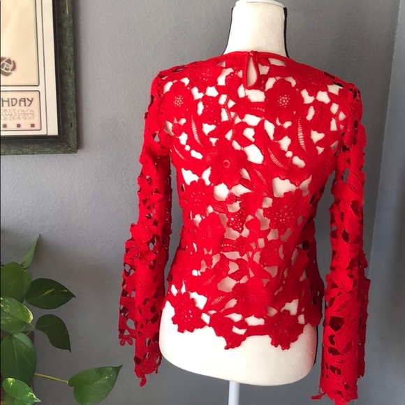 Peekaboo Lace Bell Sleeve Blouse - Red - Picture 4 of 7